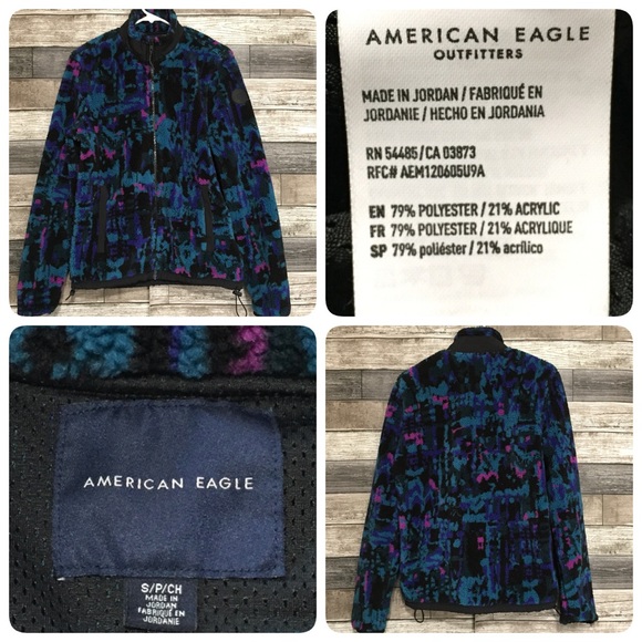 American Eagle Fleece Jacket Women’s S Full Zip Abstract Teal Black Zip Pockets - Picture 1 of 13